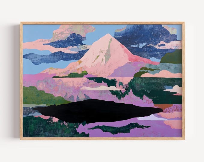 Pastel Abstract Mountain Landscape Wall Art Print, Dreamy Pink Clouds Framed Wall Art, Colorful Surreal Nature Canvas, Modern Boho Decor