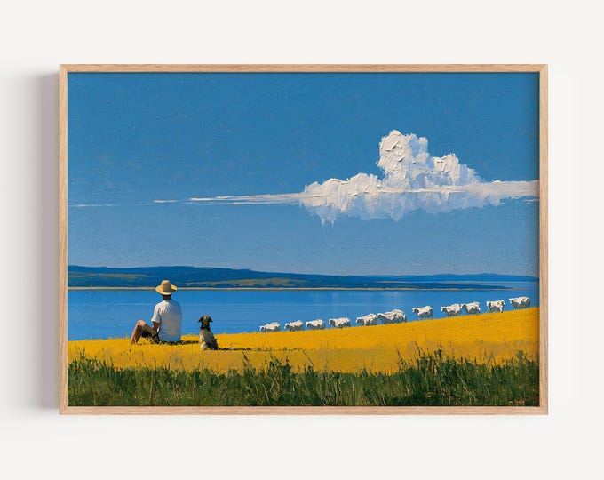 Pastoral Landscape Wall Art Print, Shepherd and Sheep Painting, Dog Countryside Art, Blue Lake Canvas, Farmhouse Country Wall Decor