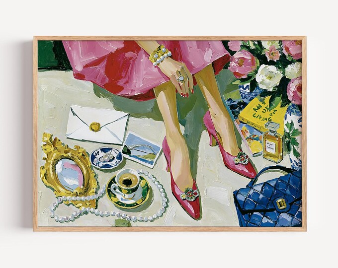Preppy Wall Art Print, Chic Fashion Illustration, Pink Heels Painting, Feminine Room Decor, Coquette Aesthetic Art, Grandmillennial Decor