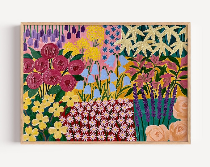 Colorful Floral Wall Art Print, Pastel Flower Garden Painting, Pink Botanical Art, Maximalist Wall Decor, Cottagecore Floral Print