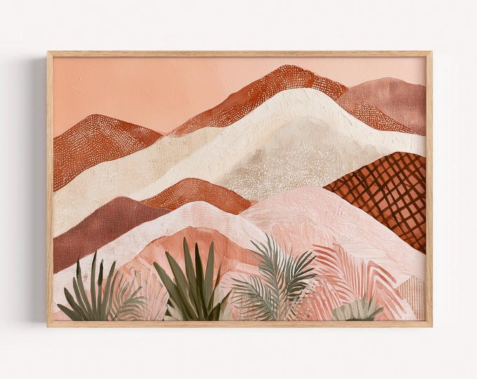Boho Abstract Landscape Wall Art Print, Terracotta Desert Wall Art, Southwest Mountain Print, Neutral Earth Tone Bohemian Decor