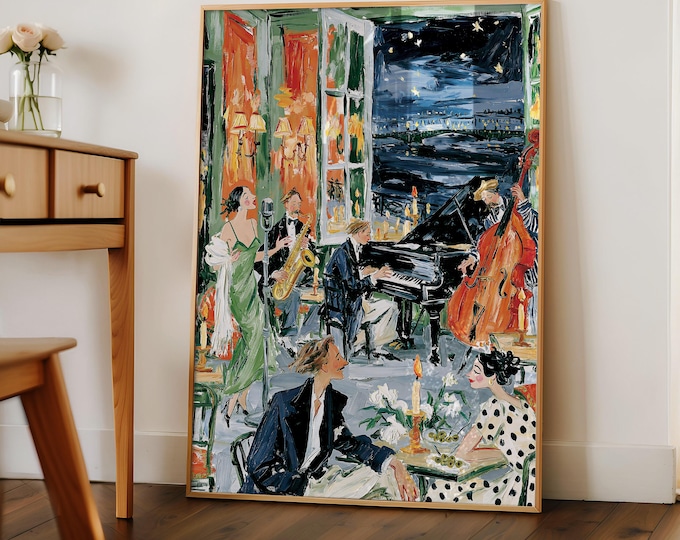 Matisse Inspired Jazz Club Wall Art, Paris Night Cafe Painting Print, French Music Lounge Decor, Colorful Fauvist Canvas Art
