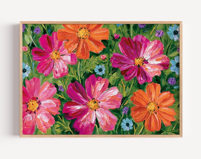Colorful Floral Wall Art Print, Pink Orange Flower Painting, Wildflower Canvas Art, Botanical Wall Decor, Maximalist Home Decor