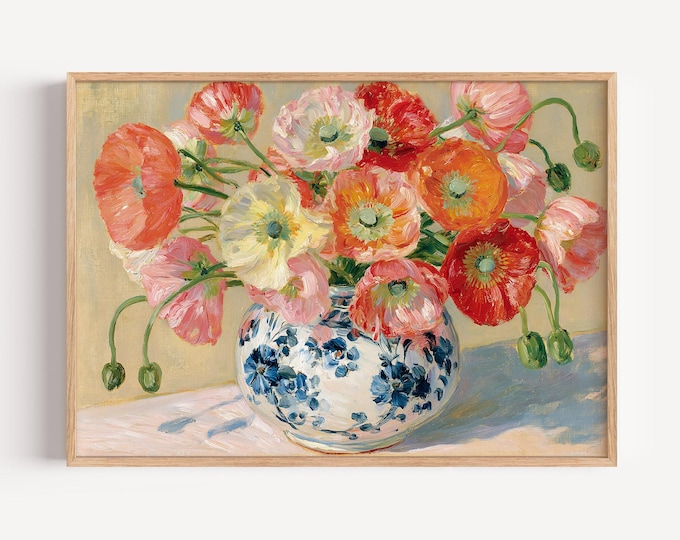 Colorful Poppy Flower Wall Art Print, Floral Vase Painting, Vintage Botanical Art, Cottagecore Wall Decor, Spring Flower Print