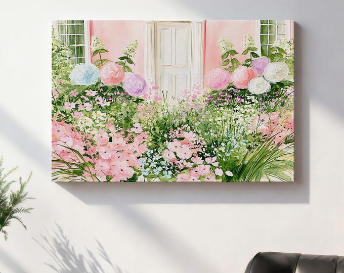 Pink House Wall Art Print, Hydrangea Flower Garden Painting, Cottage Garden Wall Decor, Impressionist Floral Canvas Art