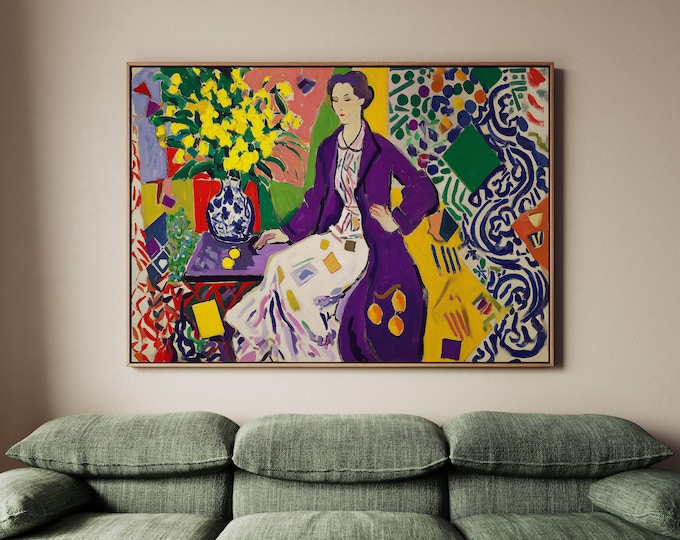 Matisse-Inspired Art Print, Woman in Purple Coat, Yellow Flowers & Oranges, Fauvism Painting, Colorful Wall Decor, Home Art Print