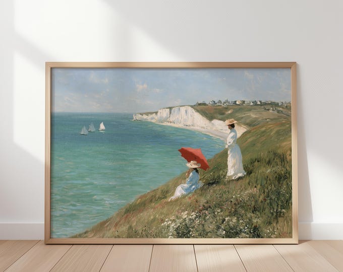 Coastal Women Wall Art Print, Red Umbrella Seaside Painting, Vintage Impressionist Landscape Print, Ocean Cliff Art, Coastal Wall Decor
