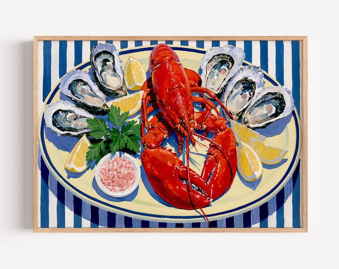 Lobster Wall Art Print, Coastal Kitchen Decor, Oyster Seafood Painting, Blue White Stripe Nautical Wall Art, French Bistro Canvas