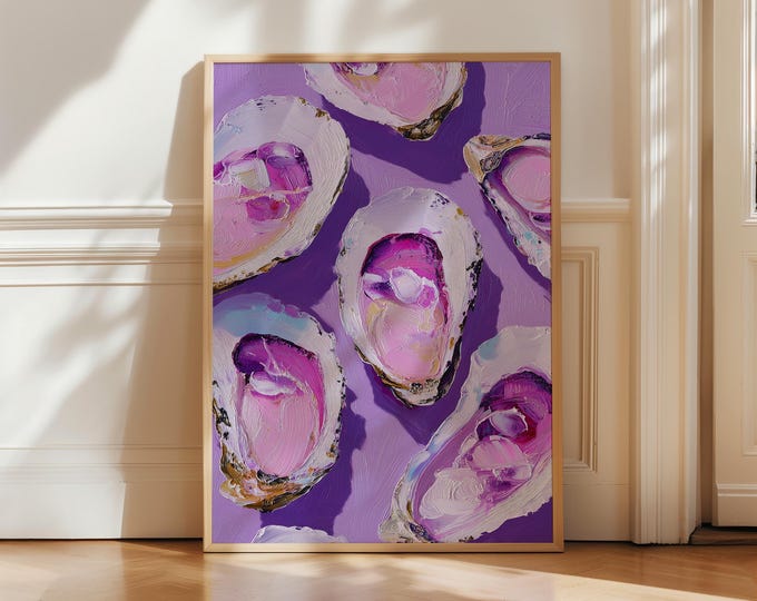 Purple Oyster Shell Wall Art Print, Pink Impasto Seafood Framed Wall Art, Preppy Coastal Canvas Decor, Colorful Dopamine Kitchen Painting