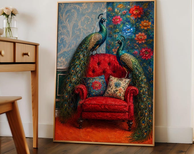 Maximalist Peacock Wall Art Print, Impasto Red Chair Canvas, Eclectic Floral Framed Wall Art, Vintage Jewel Tone Room Decor