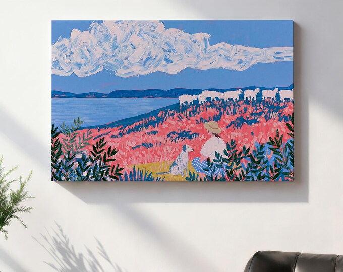 Pastoral Landscape Wall Art Print, Shepherd and Sheep Painting, Dog Countryside Art, Blue Lake Canvas, Farmhouse Country Wall Decor