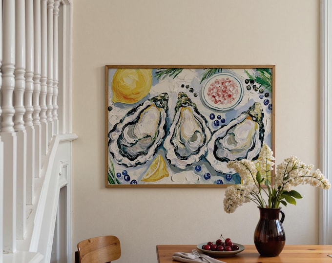 Oyster Wall Art Print, Coastal Kitchen Decor, French Seafood Painting, Lemon & Sea Salt Canvas, Mediterranean Dining Room Wall Art