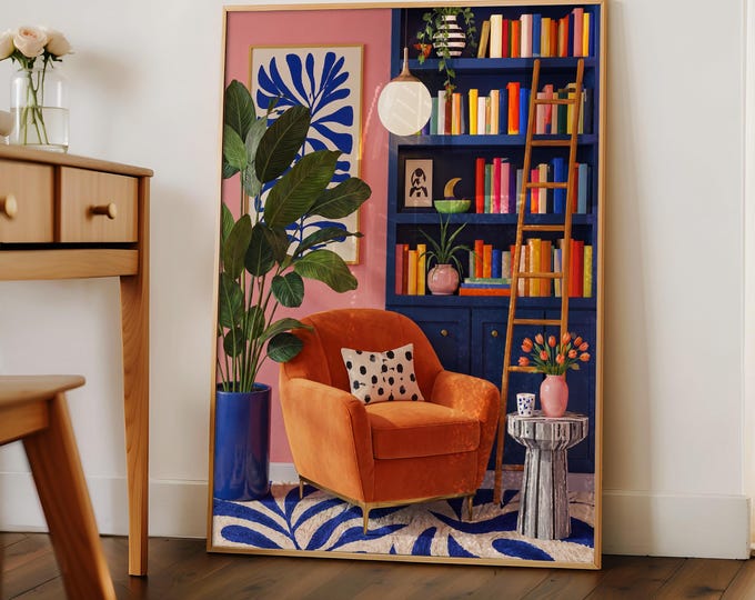 Maximalist Pink Room Oil Painting Print, Colorful Interior Wall Art, Eclectic Preppy Decor, Cozy Reading Nook Framed Canvas