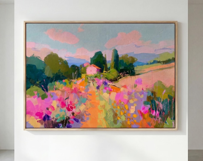 Pastel Landscape Wall Art Print, Colorful Abstract Oil Painting Print, French Country Cottage Decor, Spring Meadow Art, Floral Field Artwork