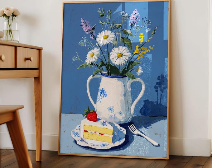 Strawberry Cake & Daisies Oil Painting Print, Blue Floral Still Life Wall Art, French Country Cottagecore Decor, Framed Canvas