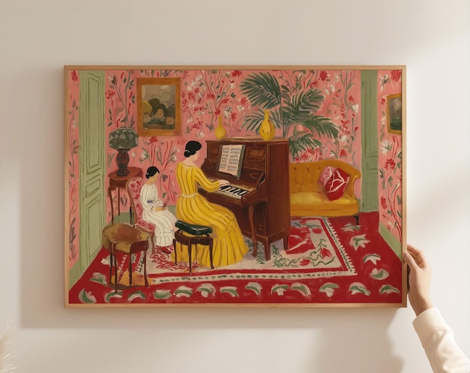 Piano Woman Wall Art Print, Mother Daughter Piano Painting Print, Vintage Interior Art, Family Music Scene Canvas Print, Living Room Decor