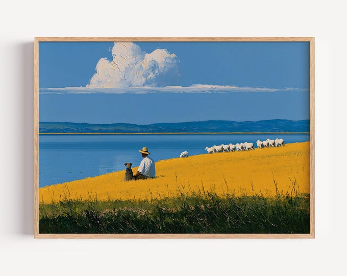Pastoral Landscape Wall Art Print, Shepherd and Sheep Painting, Dog Countryside Art, Blue Lake Canvas, Farmhouse Country Wall Decor
