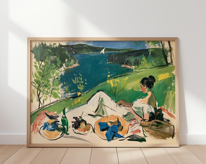Vintage Impressionist Picnic Landscape Wall Art Print, River Meadow Painting, French Countryside Canvas, Cottagecore Home Decor