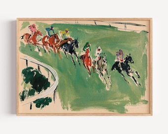 May include: A framed art print depicting a horse race on a green track. Several jockeys in colorful silks ride horses in various shades of brown, black, and grey. A curved white railing borders the track, and dark green foliage is visible nearby.