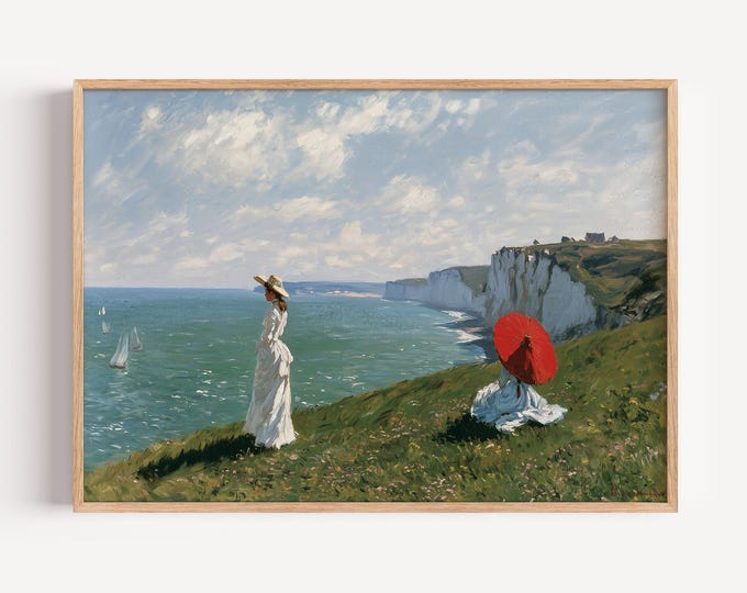 Coastal Women Wall Art Print, Red Umbrella Seaside Painting, Vintage Impressionist Landscape Print, Ocean Cliff Art, Coastal Wall Decor
