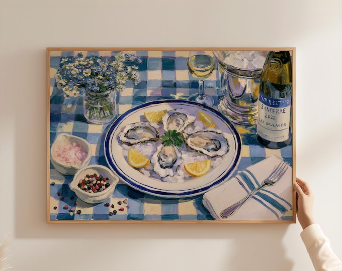 French Oyster Wall Art Print, Coastal Kitchen Decor, Blue Check Table Painting, Seafood Canvas Art, Coastal Dining Room Wall Decor