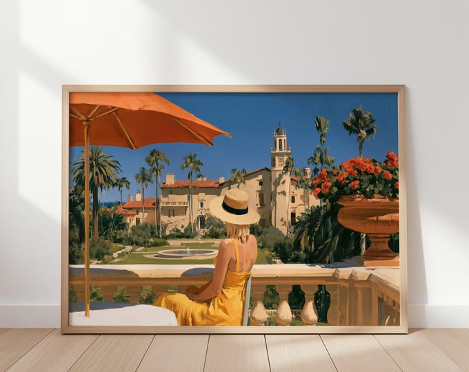 Palm Beach Wall Art Print, Luxury Resort Landscape, Mediterranean Villa Painting, Coastal Garden Decor, Elegant Summer Travel Artwork