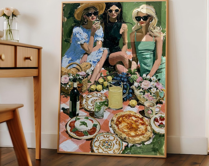 Best Friends Picnic Oil Painting Print, Mediterranean Food Wine Wall Art Print, Dolce Vita Artwork, Preppy Room Decor