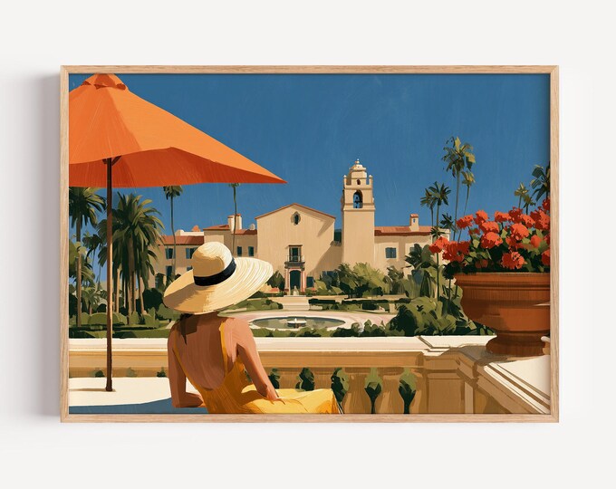 Palm Beach Wall Art Print, Luxury Resort Landscape, Mediterranean Villa Painting, Coastal Garden Decor, Elegant Summer Travel Artwork