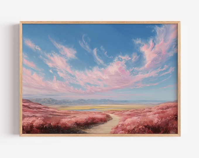 Pastel Pink Landscape Wall Art Print, Dreamy Cloud Sky Framed Wall Art, Impressionist Nature Canvas, Serene Field Painting Decor