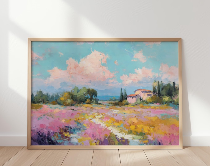 Pastel Landscape Wall Art Print, Colorful Abstract Oil Painting Print, French Country Cottage Decor, Spring Meadow Art, Floral Field Artwork
