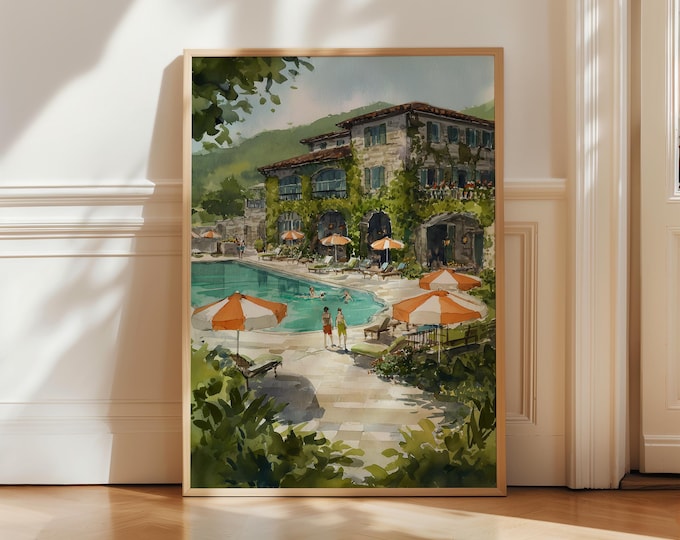 Tuscan Resort Pool Wall Art, Mediterranean Villa Painting, Luxury Summer Vacation Decor, Italian Landscape Art Print
