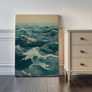 May include: A canvas print depicting an ocean scene with stylized waves in shades of teal and white. The artwork has a vintage aesthetic, with detailed linework emphasizing the movement of the water. The background is a muted beige.