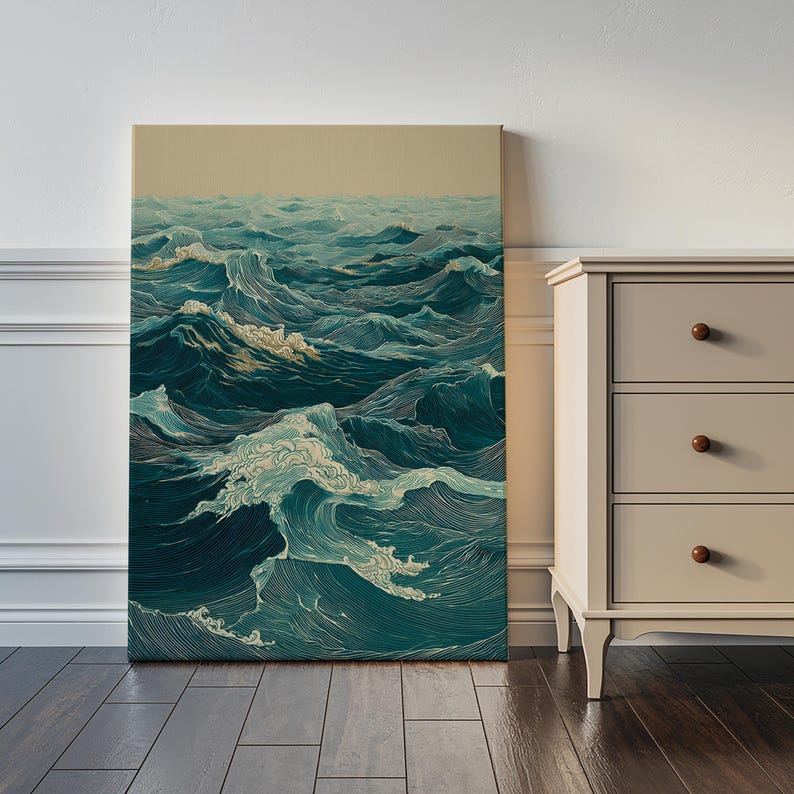 May include: A canvas print depicting an ocean scene with stylized waves in shades of teal and white. The artwork has a vintage aesthetic, with detailed linework emphasizing the movement of the water. The background is a muted beige.
