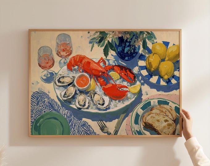 Lobster and Oysters Wall Art Print, Mediterranean Seafood Kitchen Canvas, Coastal Dining Room Framed Wall Art, Italian Summer Decor