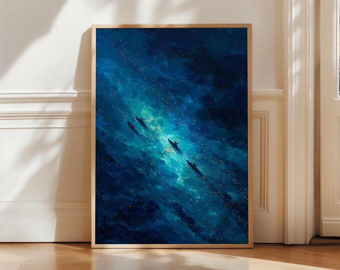 Bioluminescent Kayak Wall Art, Glowing Blue Water Painting, Starry Night Canoe Print, Magical River Art, Mystical Ocean Room Decor