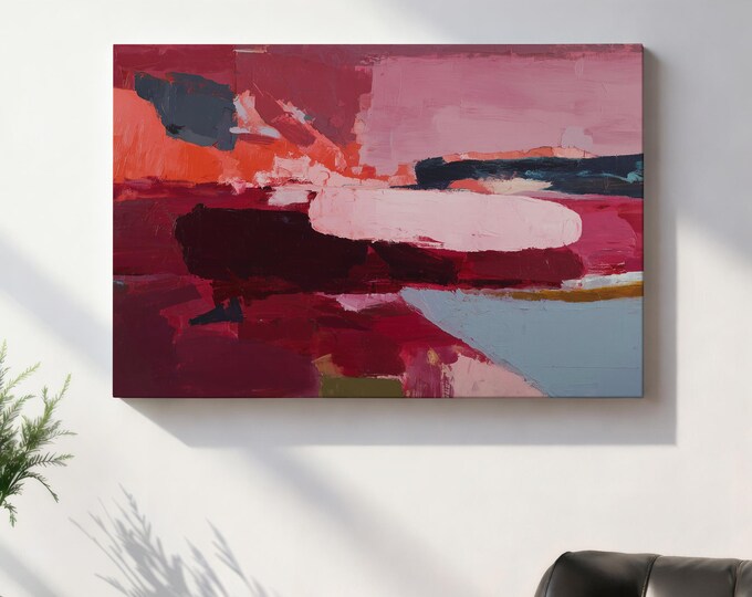 Burgundy and Pink Abstract Wall Art Print, Modern Color Block Framed Wall Art, Large Canvas Painting Decor, Contemporary Living Room Art