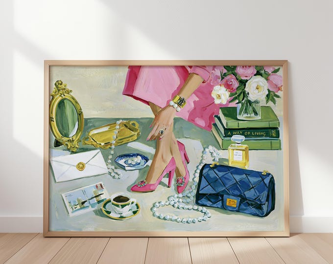 Preppy Wall Art Print, Chic Fashion Illustration, Pink Heels Painting, Feminine Room Decor, Coquette Aesthetic Art, Grandmillennial Decor