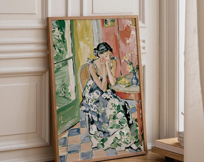 Matisse Inspired Woman Portrait Wall Art, French Cottage Floral Painting Print, Colorful Fauvist Interior Decor, Vintage Canvas Art