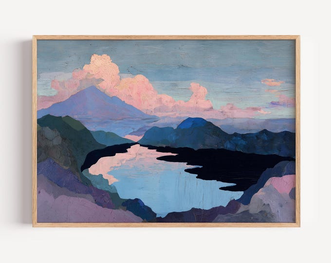 Pastel Abstract Mountain Landscape Wall Art Print, Dreamy Pink Clouds Framed Wall Art, Colorful Surreal Nature Canvas, Modern Boho Decor