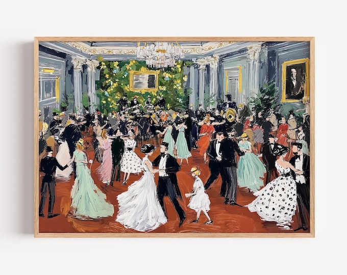 Vintage Ballroom Dance Wall Art Print, Elegant Jazz Age Party Painting, Roaring 20s Decor, Grand Ballroom Art Print