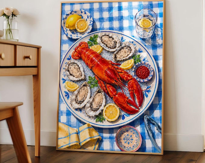 Coastal Seafood Wall Art Print, Lobster & Oyster Still Life Painting, Nautical Kitchen Decor, Mediterranean Dinner Canvas Art