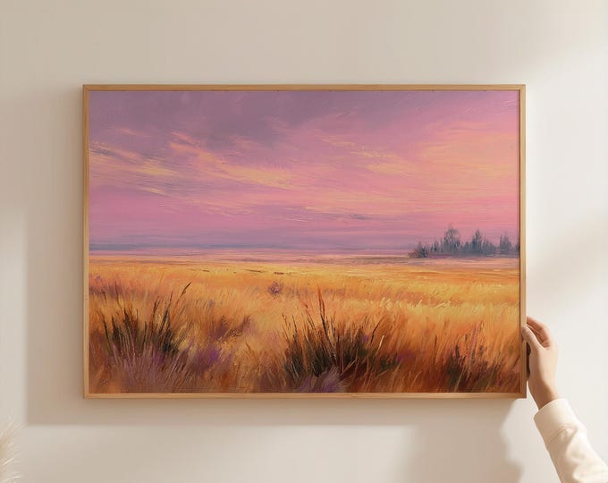 Pastel Sunset Landscape Print, Pink and Purple Sky Art, Golden Wheat Field Painting, Serene Meadow Poster, Calming Nature Wall Decor