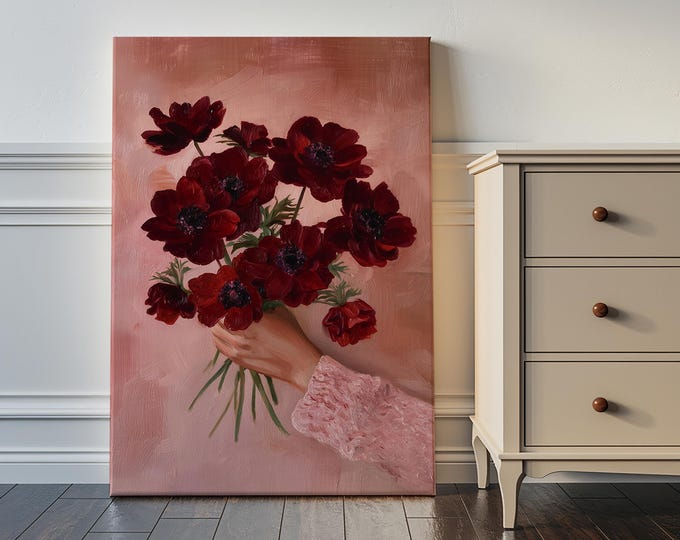 Red Anemone Oil Painting Print, Hand Holding Flowers Wall Art, Pink Aesthetic Floral Art,Impressionist Bouquet Decor, Moody Floral Art