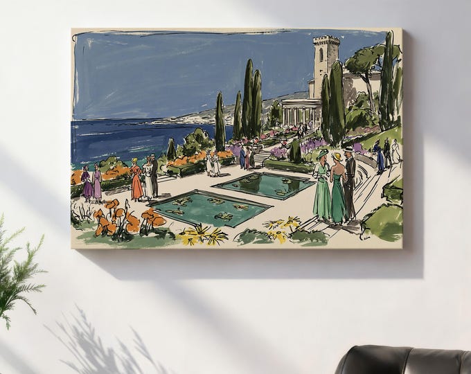 Mediterranean Villa Wall Art Print, Italian Coastal Landscape, Amalfi Coast Canvas, Old Money Decor, European Garden Painting