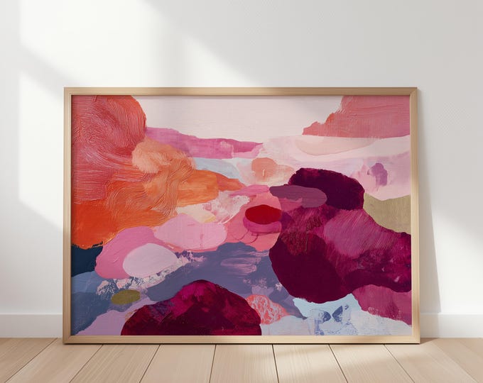 Vibrant Pink Abstract Wall Art Print, Magenta and Coral Framed Wall Art, Colorful Organic Shapes Canvas, Contemporary Living Room Decor