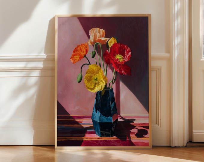 Colorful Floral Oil Painting Print, Poppy Flowers in Blue Vase Wall Art, Pink Preppy Room Decor, Dopamine Decor Framed Canvas
