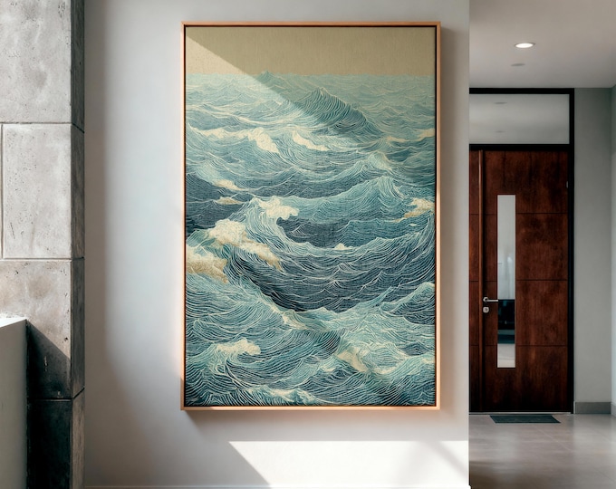 Japanese Woodblock Wave Print, Linocut Ocean Poster, Japandi Wall Art, Vintage Coastal Decor, Teal and Beige Sea Artwork, Nautical Art