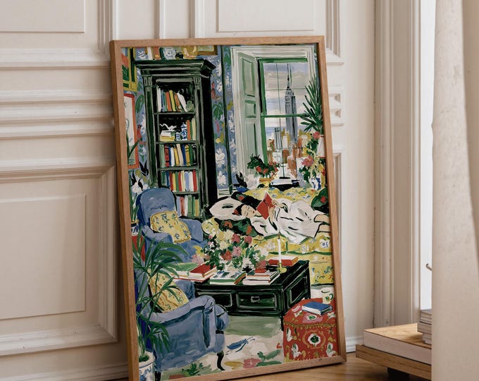 Woman Reading Art, Apartment Print, Grandmillennial Room Decor, Preppy Maximalist Wall Art Print, Cozy Reading Nook, Book Lover Gift