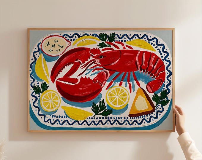 Coastal Lobster Wall Art Print, Nautical Kitchen Decor, French Seafood Painting, Lemon Lobster Canvas, Coastal Cottage Wall Decor