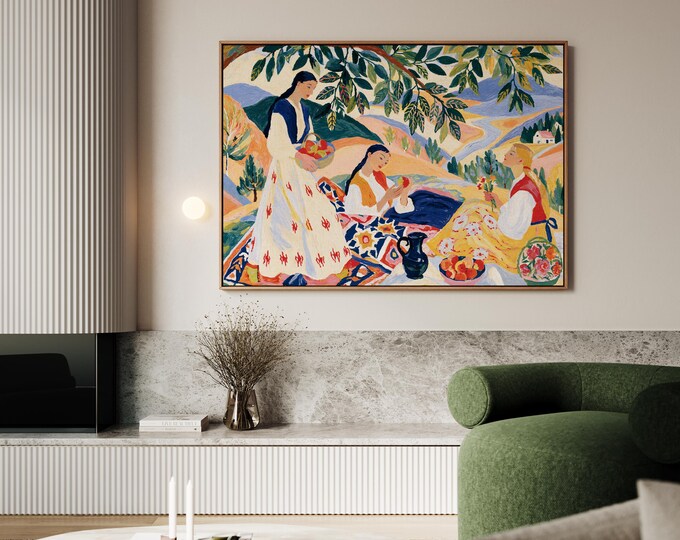 Woman Under Tree Painting Print,Wall Art Print, Apple Orchard Art, Mediterranean Countryside Decor, Vintage Folk Art, Cottagecore Canvas